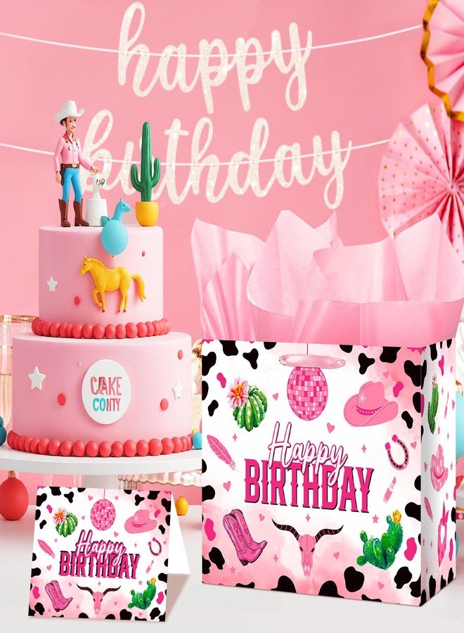 Wayyogh Pink Cowgirl Birthday Gift Bag, Large Western Happy Birthday Wrapping Paper Bags Decorations with Handles Greeting Card Tissue Paper Y2K Disco Wrap Bags for Party Favors Decor Girls Women Supplies - Image 2